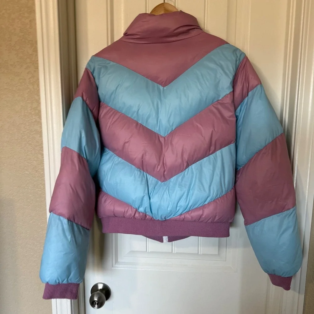 Urban‎ Outfitters Chevron Puffer Jacket Pink Blue Size M Medium Cropped Zip Up